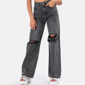 Adika~NWT~Women’s Blaine Black Wash High Rise Wide Leg Distressed‎ Jeans~Sz XS